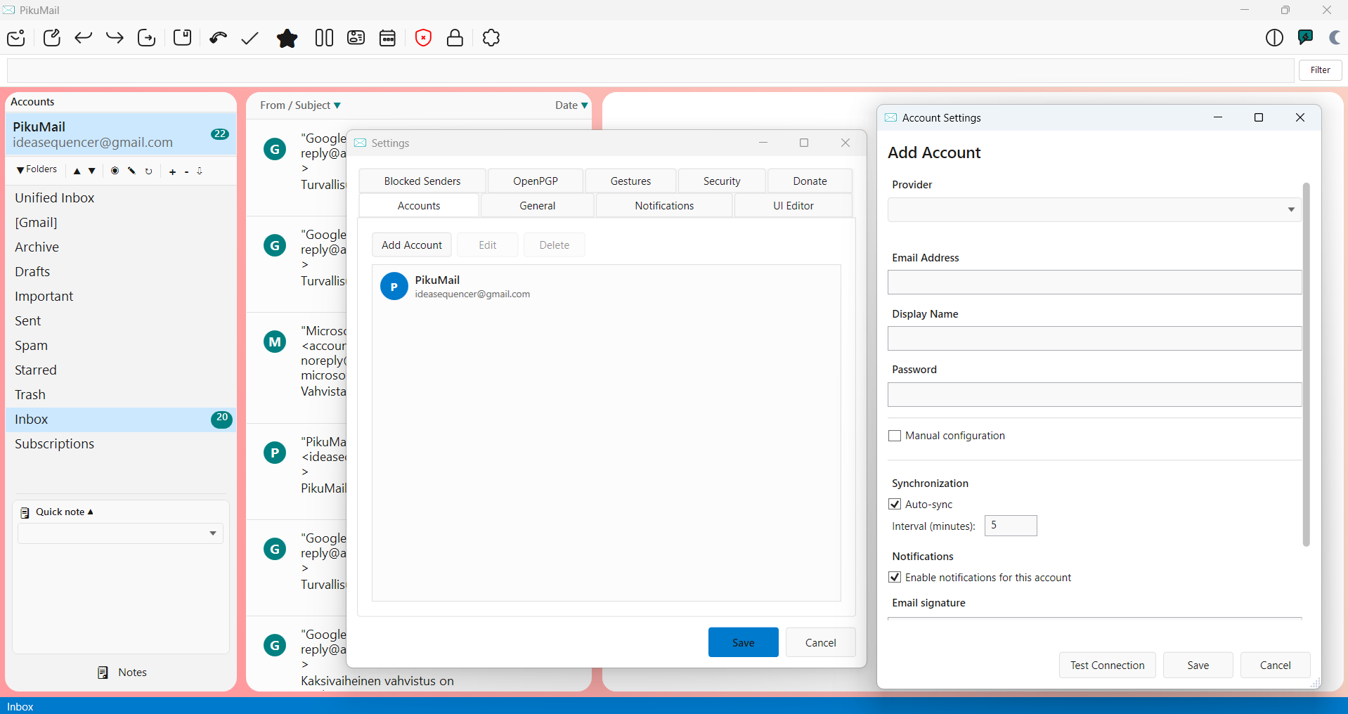 PikuMail account settings