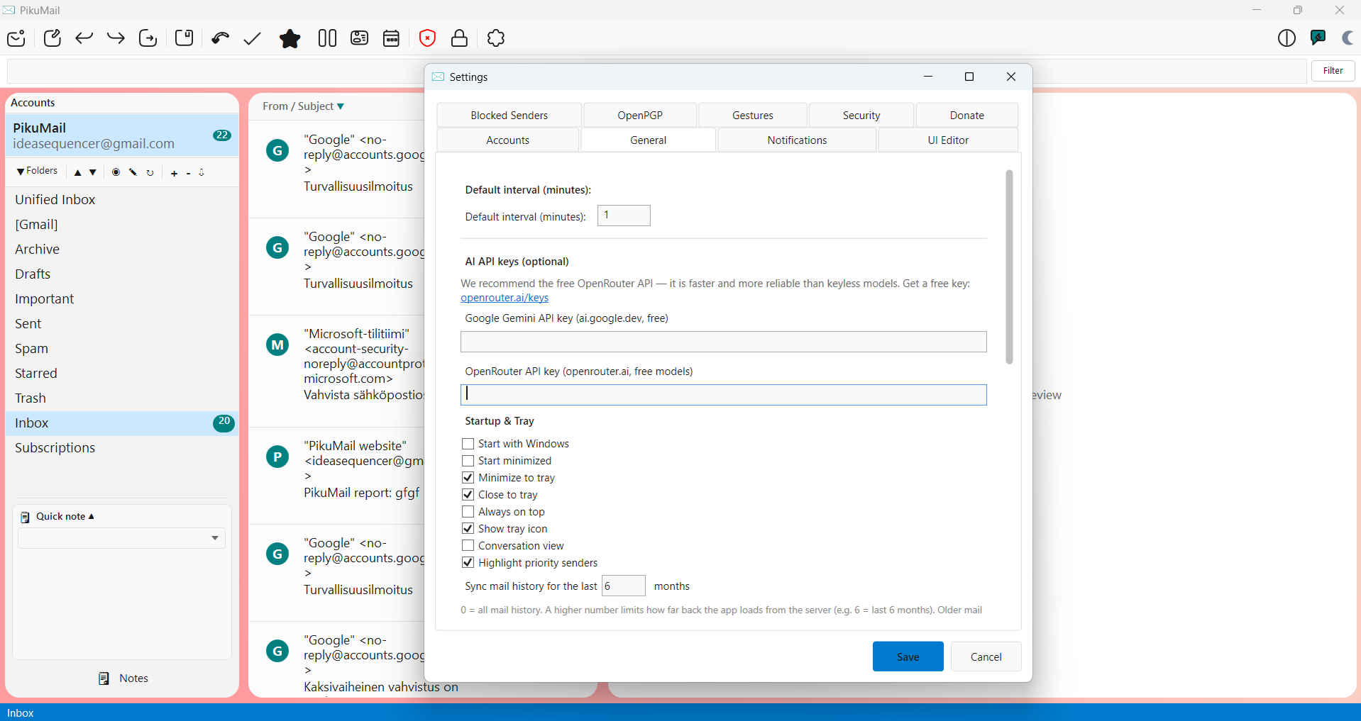 PikuMail general settings