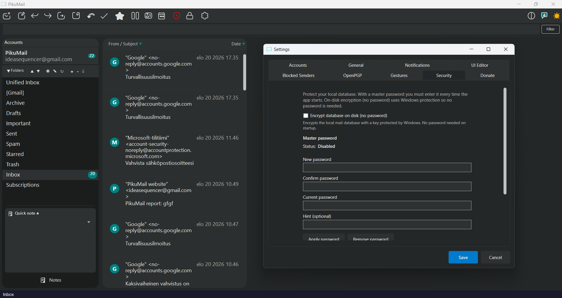 PikuMail dark theme